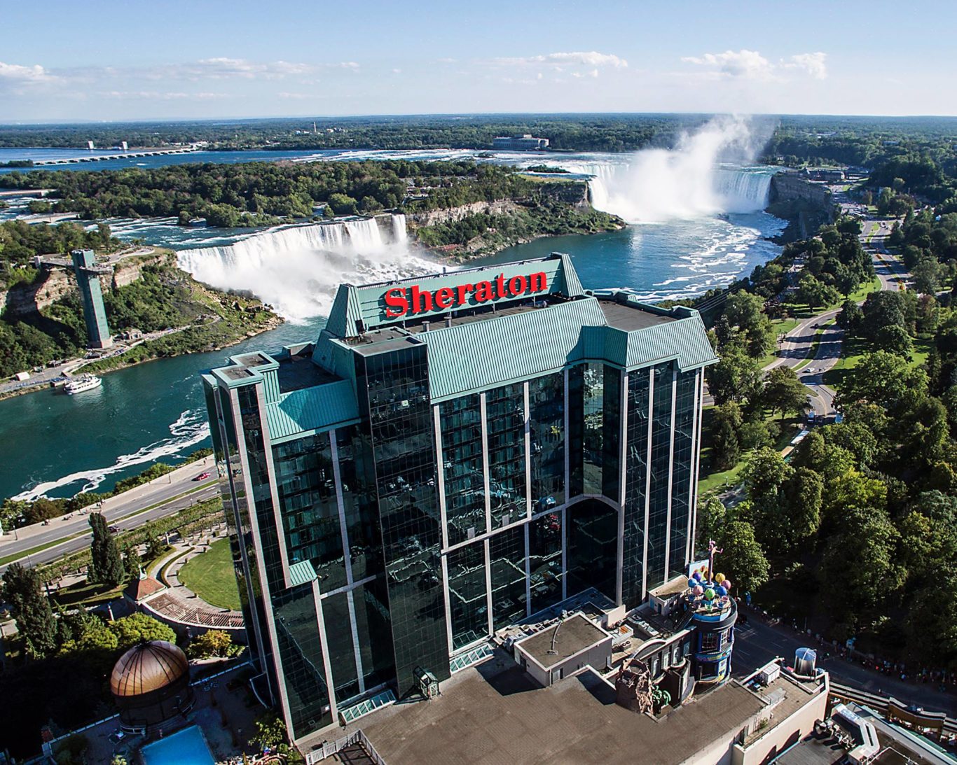 Sheraton Fallsview Hotel Aerial with Niagara Falls in the background